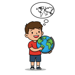 Fototapeta premium Happy cartoon boy holding a blue and green globe smiling with a world map thought bubble.