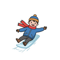 Happy cartoon boy in a blue jacket and red scarf joyfully sledding on a simple snow sled.