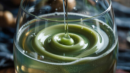 gradually diluting the drink into a creamy green hue