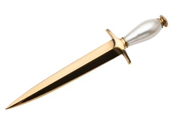 A meticulously crafted, golden-toned dagger, featuring a pearl handle, is presented against a stark black background.