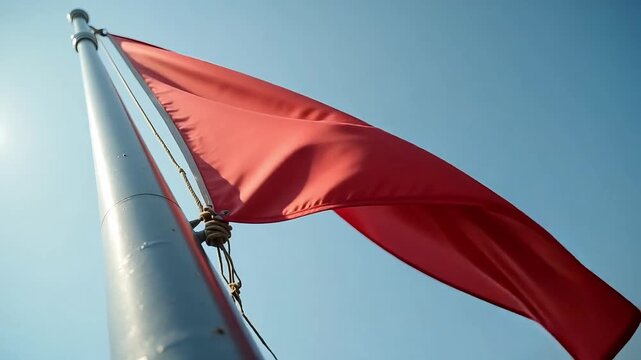 Bright red flag waves boldly against a clear blue sky