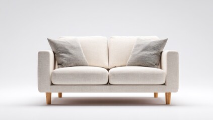 Cream-colored two-seater sofa against white background. Pillows with muted grey pattern