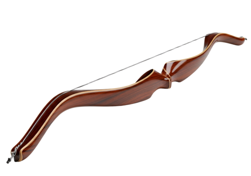 A wooden recurve bow, with a polished finish, is displayed against a black background.