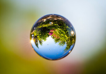 Close up of a glass sphere reflecting a colorful outdoor scene with trees and sky isolated on white background isolated on transparent background silhouette