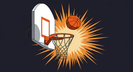 Vector illustration of a basketball scoring a point, going through the net with an explosive background concept of success