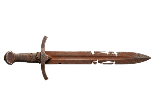 A rusty, broken sword lies on a black background, showcasing its aged, weathered appearance.