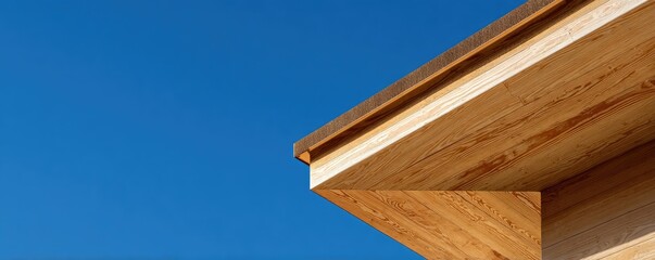 Close-up of a wooden roof edge against a clear blue sky