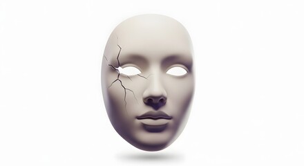 Minimalist cracked white mask with empty eye sockets isolated on white background symbolizing broken identity hidden emotions fragile personality damaged facade and psychological vulnerability concept