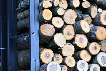 Detail close up for wood drying near the wall house for winter heating