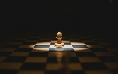 Lone pawn illuminated on chessboard, symbolizing strategy, challenge, and the start of a game.