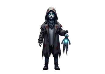 A small, spectral figure in a tattered coat, holding a glowing heart-shaped doll, stands against a stark black background.