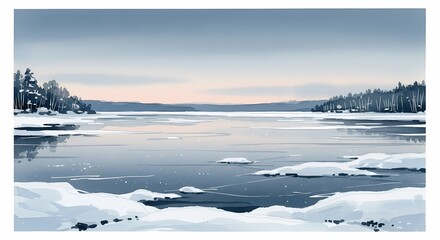 Obraz premium A tranquil watercolor illustration of a quiet frozen lake