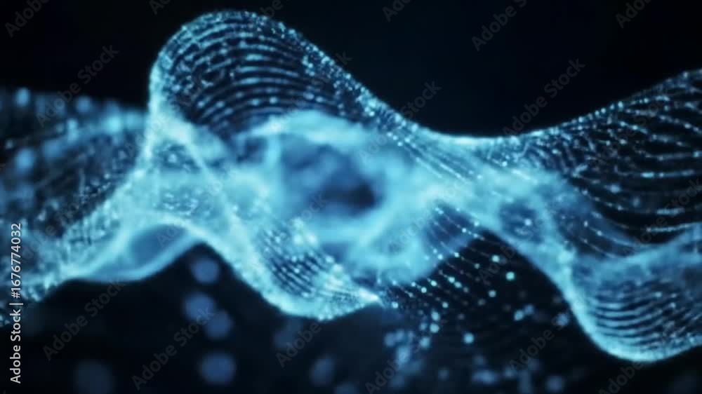 Poster abstract big data background with glowing blue particles forming digital waves, representing fast da