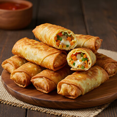Crispy golden egg rolls bursting with fresh vegetables and melted cheese piled high on a rustic wooden board, a delicious appetizer perfect for any gathering or restaurant menu