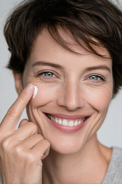 close up of a woman smiling while she does facial care and applies face cream