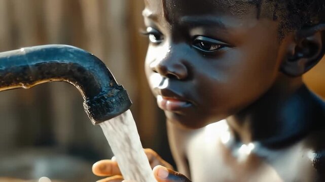 African child drinks water. Selective focus