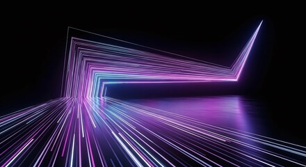 Fototapeta premium Abstract neon light tunnel with glowing lines and geometric shapes in dark space