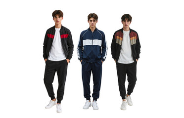 Trendy young man showcasing three unique tracksuits for stylish athletic wear campaigns and modern fashion