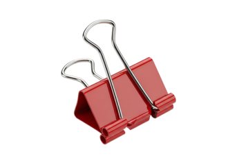 A pair of shiny, red binder clips are angled against a black background.