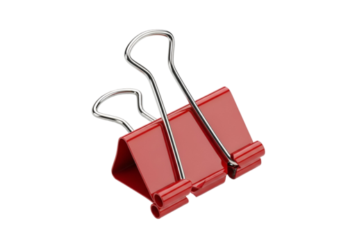 A pair of shiny, red binder clips are angled against a black background.