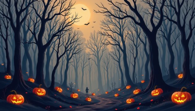 dark pastel misty forest with glowing pumpkins, faint ghostly silhouettes among trees, subtle fog, mystical halloween inspired background illustration.