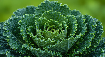 Fresh, vibrant green kale leaves with morning dew drops, highlighting nature's intricate textures and healthy organic beauty.