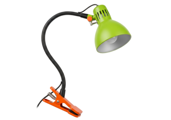 A lime green adjustable clip-on desk lamp is highlighted against a solid black background.