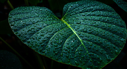 Lush dark green tropical leaf covered in sparkling water droplets, revealing nature's intricate fresh patterns.