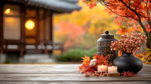 Tranquil autumn scene in a Japanese temple garden with fiery red and orange maple leaves candles and lanterns creating a serene and contemplative atmosphere