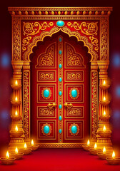 Obraz premium Ornate indian temple entrance with decorative archway and lit lamps isolated on white background isolated on transparent background silhouette