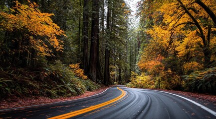 Fototapeta premium Winding road through a redwood forest in autumn. Leaves display vibrant oranges and yellows. Wet asphalt curves into the distance. Tall trees line the path