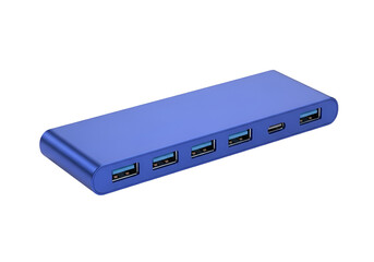 A modern, vibrant blue USB hub, featuring multiple ports, sits angled on a dark background.