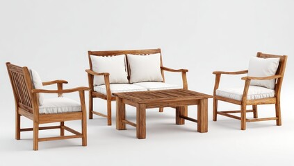 Wooden outdoor seating set with a coffee table.  Beige cushions on light brown teak furniture.  Front view on a white background