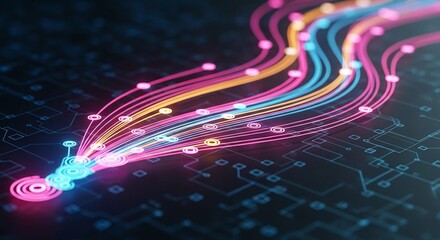 Abstract colorful data streams flowing on digital circuit board