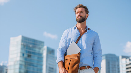 businessman in smart casual outfit with laptop bag over shoulder
