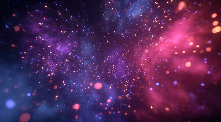 Fototapeta premium Colorful glowing particles drifting in surreal cosmic space, vibrant purple and pink nebula, dreamy atmosphere, soft light, abstract background, fantasy universe