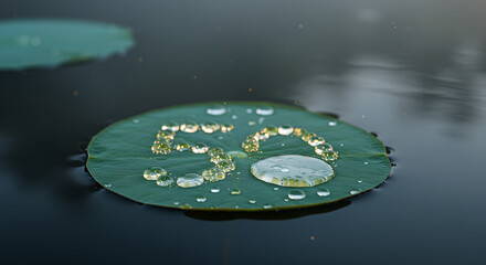 Glistening water droplets spell '5G' on a vibrant green lotus leaf, symbolizing nature and technology integration.
