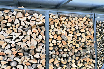 Detail close up for wood drying near the wall house for winter heating