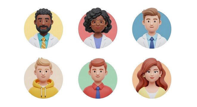 Collection of diverse cartoon avatars in circular frames isolated on white background