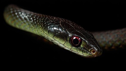 Fototapeta premium Close-up of a snake's head and neck. Greenish-black scales, red eyes, detailed texture