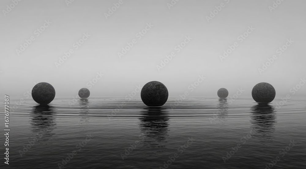 Poster surreal spheres floating on calm water, creating gentle ripples in minimalistic, monochrome landscap