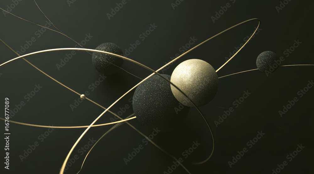 Poster minimal spheres orbiting each other with metallic lines, creating surreal and calm abstract composit