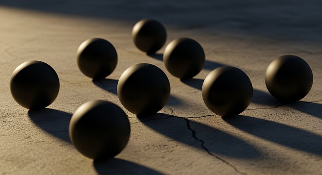 Black Balls on Cracked Concrete Surface in Dramatic Lighting