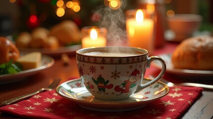 Fototapeta premium Hot beverage with festive cup and candles hot drink