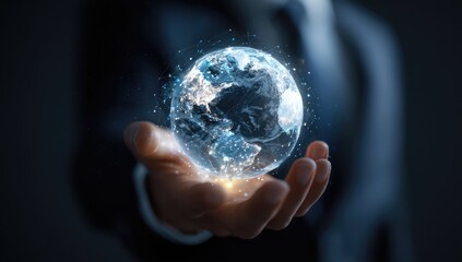 A person in a suit holds a holographic Earth