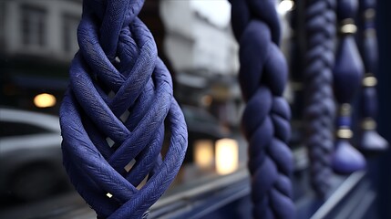 the image presents a close up of several thick, twisted, blue textile cords, likely rope. the cord in the foreground is intricately braided, creating an open, airy design