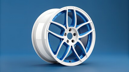 Obraz premium White and blue multi-spoke car rim with curved design – Custom alloy wheel, modern automotive styling, five-lug hub, sporty rim, dual-tone finish, performance accessory