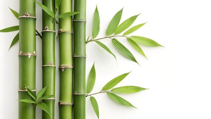 Naklejka premium Green bamboo stalks with fresh leaves on white background – Minimalist nature, eco-friendly design, Asian symbolism, botanical elegance, clean aesthetic, sustainable material