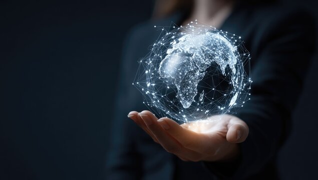 A woman's hand holds a holographic globe, network-connected, against a dark background - Powered by Adobe