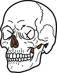 This illustration showcases a detailed pixel art rendering of a human skull, viewed from a three-quarter perspective.